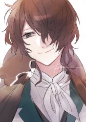 1boy absurdres animal animal_on_shoulder brown_hair bungou_stray_dogs closed_mouth commentary edgar_allan_poe_(bungou_stray_dogs) grey_eyes hair_over_one_eye highres jacket male_focus medium_hair neckerchief portrait r1kuuw raccoon shirt signature simple_background smile solo symbol-only_commentary white_background white_neckerchief white_shirt