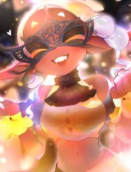 1girl absurdres ascot bare_shoulders black_ascot blonde_hair blue_hair blue_shawl blurry blurry_background blush buttons clenched_hands closed_eyes colored_eyelashes commentary_request crop_top dark-skinned_female dark_skin domino_mask facing_viewer fangs frilled_wrist_cuffs frills frye_(frostyfest)_(splatoon) frye_(splatoon) gradient_hair grin hair_tie hands_up hat heart highres inkling korean_commentary long_hair long_pointy_ears maki_chaa mask midriff mini_hat mini_top_hat multicolored_hair navel nintendo official_alternate_costume pointy_ears see-through_clothes see-through_shawl shawl shirt short_eyebrows smile solo splatoon_(series) splatoon_3 tentacle_hair tilted_headwear top_hat two-tone_hair wrist_cuffs yellow_hat yellow_shirt yellow_wrist_cuffs