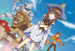 2girls :o animal animal_hug armor bad_id bad_pixiv_id basket blue_eyes blush brown_hair building capelet cloud cowardly_lion day dog dorothy_gale dress fence full_armor giant giantess hat heirou highres holding long_hair multiple_girls open_mouth plaid_clothes plaid_dress polka_dot scarecrow_(the_wizard_of_oz) scarf sky teeth the_wizard_of_oz tin_man_(the_wizard_of_oz) toto_(the_wizard_of_oz)