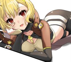 Rule 34 | 1girl, ass, black leggings, blonde hair, breasts, citrinne (fire emblem), earrings, fire emblem, fire emblem engage, hair ornament, hoop earrings, jewelry, leggings, looking at viewer, medium breasts, mismatched earrings, mu tu bu, navel, nintendo, red eyes, sage outfit (fire emblem engage), smile, solo, stomach, wing hair ornament