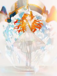 1girl 5e35rika arms_up banner beret bird blue_sky boots border checkered_hairband cloud crossed_legs crystal dress fading_border floating_hair full_body gloves green_eyes hairband hat highres holding_baton long_hair marching_band_baton official_alternate_costume orange_hair pantyhose parted_lips reverse:1999 sash short_dress shoulder_sash sky solo sonetto_(parade_anthem)_(reverse:1999) sonetto_(reverse:1999) standing two_side_up very_long_hair watson_cross white_background white_bird white_boots white_dress white_gloves white_hat white_pantyhose yellow_sash