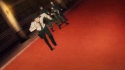 animated anime_screenshot army_uniform assault_rifle audible_speech bayonet beret english_audio gate_-_jieitai_ka_no_chi_nite_kaku_tatakaeri gun hat itami_youji kuribayashi_shino malt_sol_augustus massacre mochizuki_noriko pina_co_lada_(gate) polearm punching rifle shield shocked_pupils sound spear sugawara_kouji sword throne_room tomita_akira video weapon zorzal_el_caesar