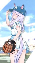1girl absurdres adapted_costume animal_ears ass baseball_cap baseball_glove blue_hat blue_sky blurry blurry_background clothing_cutout cloud collarbone commentary_request day depth_of_field ears_through_headwear feet_out_of_frame from_behind hat highres horse_ears horse_girl horse_tail long_hair los_angeles_dodgers mejiro_mcqueen_(umamusume) mini_pekoe outdoors pleated_skirt purple_eyes purple_hair shirt short_sleeves skirt sky solo standing swept_bangs tail tail_through_clothes umamusume white_shirt white_skirt