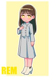 1girl animification blush boots border bright_pupils brown_hair buttons character_name closed_mouth collared_dress commentary dress full_body grey_dress hair_behind_ear hair_intakes hand_on_own_chest hand_up high_heel_boots high_heels highres legs_together long_dress long_hair long_sleeves looking_at_viewer no_nose pleated_dress re.m._(ultraman_geed) smile solo standing tokusatsu tsubasa_(godbardtsubasa) ultra_series ultraman_geed_(series) white_boots white_border white_pupils wing_collar yellow_background yellow_eyes