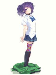 Rule 34 | 1girl, absurdres, ankle boots, boots, breasts, choker, collared shirt, diagonal bangs, ear piercing, expressionless, green jacket, highres, idolmaster, idolmaster shiny colors, ito (itokayu), jacket, loose neck ribbon, medium breasts, miniskirt, multicolored thighhighs, neck ribbon, piercing, plaid clothes, plaid skirt, purple eyes, purple hair, purple nails, ribbon, school uniform, shirt, short sleeves, single thighhigh, skirt, solo, studded choker, tanaka mamimi, thigh strap, thighhighs, twintails, unworn jacket, white background