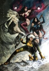 4girls bare_shoulders blue_leotard bodysuit breasts brown_hair cape corset colored_bangs elbow_gloves emma_frost gloves green_bodysuit green_eyes headband highleg highleg_leotard highres holding holding_sword holding_weapon jacket large_breasts leotard long_hair looking_at_viewer marvel multicolored_hair multiple_girls official_art panties psylocke purple_eyes purple_hair rogue_(x-men) sash scarlet_witch superhero_costume sword thighhighs two-tone_hair underwear weapon white_hair x-men yellow_bodysuit yellow_gloves