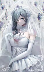 1girl artist_name bare_shoulders blue_eyes blurry blurry_foreground breasts bridal_veil bride commentary_request cowboy_shot crystal detached_collar dot_nose dress elbow_gloves flower flower_wreath forehead frilled_dress frills gem gloves grey_hair hair_bun hand_up highres jewelry kozou_kazaru light_frown light_particles long_hair looking_at_viewer original parted_bangs shadow sidelocks solo sparkle strapless strapless_dress veil watermark wedding wedding_dress white_gloves white_theme
