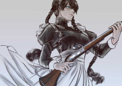 1girl apron black_dress black_hair black_lagoon braid dress eir_arma gun holding holding_gun holding_weapon long_hair looking_at_viewer maid roberta_(black_lagoon) solo twin_braids weapon