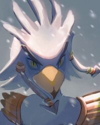 1boy beak bird_boy body_fur closed_mouth furry furry_male grey_background hair_tie looking_at_viewer male_focus motion_blur portrait rito short_hair shoulder_pads sidelocks simple_background snowing solo teba_(zelda) the_legend_of_zelda the_legend_of_zelda:_breath_of_the_wild ukata white_fur white_hair yellow_eyes
