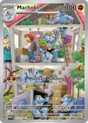Rule 34 | armchair, artist name, backpack, bag, blonde hair, blue pants, box, brown hair, card (medium), cardboard box, chair, character name, climbing ladder, closed mouth, company name, copyright name, copyright notice, english text, fangs, flower pot, gen 1 pokemon, holding, holding box, holding flower pot, holding lamp, house, indoors, ladder, lamp, long sleeves, machoke, machop, meowth, motor vehicle, nintendo, nostrils, official art, open mouth, pants, pidgey, plant, pokemon, pokemon (creature), pokemon card, pokemon tcg, potted plant, red eyes, safe (container), shirt, smile, stairs, tetsu kayama, third-party source, trading card, tree, truck, window