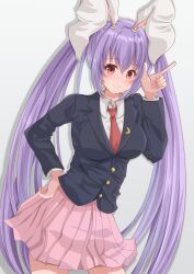 1girl absurdres alternate_hairstyle animal_ears black_jacket blazer blush breasts collared_shirt commentary_request crescent crescent_pin finger_gun guchadoro hair_between_eyes hand_on_own_hip hand_up highres jacket leaning_to_the_side long_hair medium_breasts necktie pink_skirt pleated_skirt rabbit_ears rabbit_girl red_necktie reisen_udongein_inaba shirt skirt smile solo standing touhou twintails very_long_hair white_shirt