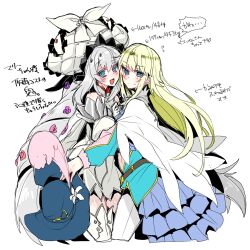 1girl 1other blonde_hair blue_eyes blush bow chevalier_d&#039;eon_(fate) chevalier_d&#039;eon_(third_ascension)_(fate) closed_mouth cropped_legs dot_mouth dress fate/grand_order fate_(series) frilled_dress frills haoro height long_hair marie_antoinette_(fate) marie_antoinette_(third_ascension)_(fate) medium_hair simple_background smile weight white_background white_bow white_hair