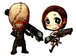 Rule 34 | 1boy, 1girl, black skirt, brown hair, chibi, grenade launcher, j-e-m-g, jill valentine, leather, nemesis (resident evil), resident evil, resident evil 3: nemesis, rocket launcher, short hair, signature, simple background, skirt, smile, stitched face, stitches, weapon, white background