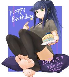 1girl arknights barefoot black_hair cake cake_slice eating feet food green_eyes highres jessica_(arknights) long_hair looking_at_viewer panties pantyshot panzi_panzer ponytail shirt soles t-shirt toeless_legwear toes underwear