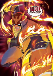 1boy captain_falcon epic f-zero falcon_punch fire gloves helmet highres looking_at_viewer male_focus manly nintendo punching scarf solo super_smash_bros. tovio_rogers