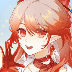 Rule 34 | 1girl, arknights, choker, earrings, gloves, gradient hair, hair ornament, haruka (arknights), highres, jewelry, long hair, looking at viewer, molestation, multicolored hair, open mouth, orange hair, pink hair, pointy ears, portrait, red eyes, red gloves, red hair, smile, solo, virtual youtuber, yunxi