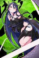 1girl bandeau bane_mk-2 belt black_bandeau black_belt black_hair black_jacket black_skirt blue_belt blue_hair breasts brown_eyes chest_belt cleavage closed_mouth commentary_request curled_horns demon_girl demon_horns expressionless full_body green_background grey_horns hair_between_eyes hebiyoi_tier hebiyoi_tier_(1st_costume) highres hip_vent horns jacket jumping large_breasts long_bangs long_hair long_sleeves looking_at_viewer multicolored_hair nanashi_inc. navel off_shoulder open_clothes open_jacket pointy_ears sidelocks skirt solo two-tone_hair very_long_hair virtual_youtuber