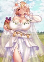 Rule 34 | 1girl, aki minoriko, aki minoriko (platinum-white autumn), alternate costume, blonde hair, blue sky, blurry, blurry background, breasts, bridal veil, bride, cleavage, cloud, commentary request, dress, flower, fruit basket, highres, huge breasts, looking at viewer, one eye closed, outdoors, short hair, shounen (hogehoge), sky, solo, touhou, touhou lostword, veil, wedding dress, white dress, white flower, wink