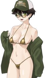 1girl baseball_cap bikini breasts collarbone commentary cowboy_shot english_commentary glasses gold_bikini green_eyes green_hat hands_in_pockets hat highres hood indie_virtual_youtuber jacket kara_wilderwood looking_at_viewer navel off_shoulder open_clothes open_jacket open_mouth piercing reze_(rewindze) round_eyewear short_hair simple_background smile solo stomach string_bikini swimsuit tongue_piercing two-tone_hat virtual_youtuber white_background white_hat