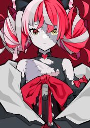 1girl absurdres bare_shoulders blunt_bangs bow diamond-shaped_pupils diamond_(shape) double_bun earrings gradient_eyes grey_hair hair_bow hair_bun heterochromia highres hololive hololive_indonesia jewelry ji-rex kureiji_ollie kureiji_ollie_(1st_costume) multicolored_eyes multicolored_hair red_background red_bow red_hair single_earring solo stitched_face stitched_torso stitches symbol-shaped_pupils torn_clothes two-tone_eyes two-tone_hair upper_body virtual_youtuber x-shaped_pupils yellow_eyes