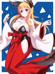 Rule 34 | 1girl, absurdres, blonde hair, blue background, blue eyes, breasts, charlotte e. yeager, cleavage, demon girl, demon horns, demon tail, full body, gloves, hakama, highres, hiroshi (hunter-of-kct), horns, japanese clothes, large breasts, leotard, long hair, looking at viewer, obi, sash, smile, solo, strapless, strapless leotard, strike witches, tail, white gloves, world witches series