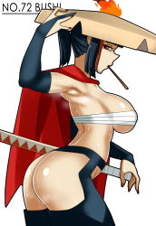 1girl armpits ass black_hair blunt_bangs blunt_sidelocks breasts character_request chest_sarashi commentary curvy elbow_gloves english_commentary english_text fingernails gloves hat highres japanese_clothes katana large_breasts looking_to_the_side multicolored_hair palworld pants ponytail presenting_armpit profile rice_hat saberrung sarashi shiny_skin sidelocks simple_background solo steam steaming_body stomach streaked_hair sweat sword underboob weapon white_background