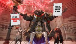 Rule 34 | 4boys, ahoge, armor, asymmetrical horns, black robe, commentary, elden ring, elden ring: shadow of the erdtree, english commentary, english text, grey hair, hair over one eye, highres, holding, holding polearm, hood, hood up, horns, lin nulixiulian, male focus, mask, mismatched horns, mohg lord of blood, multiple boys, multiple horns, outstretched arms, polearm, robe, scythe, sharp teeth, shouting, sir ansbach, sitting on shoulder, sweatdrop, tarnished (elden ring), teeth, trident, weapon, weapon on back, white-faced varre