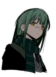 1girl bang_dream! bang_dream!_it&#039;s_mygo!!!!! chinese_commentary commentary_request cracy_logan cropped_torso green_hair green_scarf grey_shirt harry_potter_(series) highres hogwarts_school_uniform long_hair scarf school_uniform shirt sidelocks simple_background solo upper_body wakaba_mutsumi white_background wizarding_world yellow_eyes