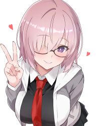 1girl absurdres bamboo_tac black_shirt black_skirt blush breasts closed_mouth fate/grand_order fate_(series) glasses grey_jacket hair_over_one_eye heart highres jacket large_breasts looking_at_viewer mash_kyrielight necktie pink_hair pleated_skirt purple_eyes red_necktie shirt short_hair simple_background skirt smile solo upper_body v white_background white_jacket