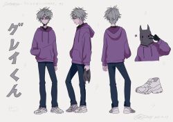1boy :p arm_at_side black_gloves black_pants black_shirt black_undershirt character_name concept_art cream_(zutomayo) from_behind from_side frown gloves gray-kun_(cream)_(zutomayo) gray-kun_(zutomayo) grey_hair hand_in_pocket highres holding hood hood_down hoodie looking_to_the_side mask multiple_views myon_(tokipi) official_art pants production_art purple_eyes purple_hoodie reference_sheet second-party_source shirt shoes song_name tongue tongue_out v white_background white_shoes zutto_mayonaka_de_ii_no_ni