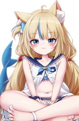 Rule 34 | 1girl, :3, absurdres, ahoge, animal ear fluff, animal ears, anklet, barefoot, bikini, bikini under clothes, blonde hair, blue bikini, blue bow, blue eyes, blue hair, blue nails, blue scrunchie, blush, bow, cat ears, closed mouth, commentary, dress, fang, fins, fish girl, fish tail, hair bow, highres, indie virtual youtuber, jan azure, jewelry, lifebuoy hair ornament, long hair, looking at viewer, low twintails, multicolored hair, nail polish, navel, sameko saba, scrunchie, short shorts, shorts, sleeveless, sleeveless dress, smile, solo, streaked hair, swimsuit, tail, toenail polish, toenails, twintails, very long hair, white dress, white shorts
