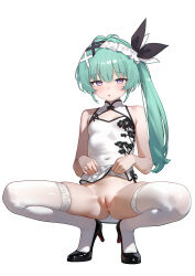 1girl absurdres aqua_hair bare_arms blush bottomless breasts china_dress chinese_clothes cleavage_cutout cleft_of_venus closed_mouth clothes_lift clothing_cutout commentary_request commission covered_navel dress eco_376124 floral_print_dress full_body gluteal_fold hair_ornament high_heels highres indie_virtual_youtuber lifting_own_clothes long_hair looking_at_viewer no_panties pelvic_curtain pelvic_curtain_lift pixiv_commission print_dress purple_eyes pussy side_ponytail simple_background small_breasts solo spread_legs squatting thighhighs thighs tonari_mei uncensored virtual_youtuber white_background white_dress white_thighhighs x_hair_ornament