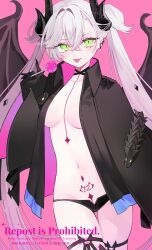 1388chan 1girl black_cloak black_panties blush body_markings breasts candy choker cloak crossed_bangs demon_girl demon_horns demon_wings ear_piercing fate/grand_order fate_(series) food green_eyes grey_hair hair_between_eyes highres horns large_breasts lilith_(fate) lollipop long_hair looking_at_viewer navel panties piercing pointy_ears smile solo stomach_tattoo tattoo thigh_strap thighs tongue tongue_out twintails underwear very_long_hair wings
