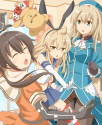 &gt;:&lt; 3girls :&lt; atago_(kancolle) atago_(kancolle)_(cosplay) blonde_hair breasts brown_hair chestnut_mouth closed_mouth cosplay crossover elbow_gloves fujioka-kuma_(minami-ke) gloves hairband hat kantai_collection large_breasts long_hair minami-ke minami_chiaki minami_haruka minami_kana multiple_girls open_mouth pantyhose parody sendai_(kancolle) sendai_(kancolle)_(cosplay) shimakaze_(kancolle) shimakaze_(kancolle)_(cosplay) shimouki_izui siblings sisters striped_clothes striped_legwear striped_thighhighs thighhighs two_side_up v-shaped_eyebrows