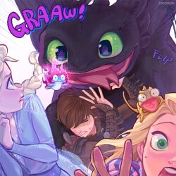 1boy 2girls armor blonde_hair blue_dress blue_eyes braid braided_ponytail brown_armor brown_hair bruni_(frozen) chameleon clenched_teeth closed_eyes crossover dragon dress elsa_(frozen) forked_tongue frozen_(disney) green_eyes hiccup_horrendous_haddock_iii how_to_train_your_dragon:_the_hidden_world how_to_train_your_dragon_(series) leather_armor lizard long_hair multiple_girls open_mouth pascal_(tangled) rapunzel_(disney) salamander seoyeon short_hair simple_background sound_effects sweatdrop tangled teeth tongue toothless white_background