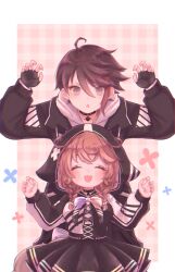 1boy 1girl ahoge black_jacket border brown_hair choker claw_pose fingerless_gloves gloves grey_eyes hair_between_eyes highres hood hood_up jacket mi_oxo_9m multicolored_hair nijisanji open_mouth saegusa_akina streaked_hair virtual_youtuber warabeda_meiji white_border