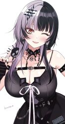 1girl absurdres black_arm_warmers black_choker black_dress black_hair black_nails breasts chest_belt choker cleavage dress gloves grey_hair hair_ornament highres hololive hololive_english kasutera_mikan lace lace-trimmed_choker lace_choker lace_trim large_breasts long_hair looking_at_viewer multicolored_hair open_mouth ribbon shiori_novella shiori_novella_(1st_costume) simple_background smile solo split-color_hair striped_arm_warmers striped_clothes striped_gloves two-tone_hair virtual_youtuber white_background white_ribbon yellow_eyes yorick_(shiori_novella)