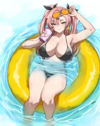 1girl arm_up armpits batako_(batakoart) bikini breasts cleavage donut_innertube drink earrings female_focus green_eyes heart highres jewelry large_breasts long_hair looking_at_viewer navel nicole_demara pink_hair solo sunglasses swimsuit wet zenless_zone_zero