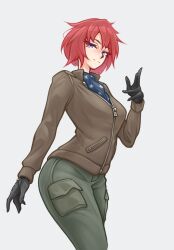 1girl black_gloves blue_eyes brown_jacket commission commissioner_upload gloves green_pants highres jacket looking_at_viewer nikoro_kusev non-web_source original pants red_hair short_hair solo standing zap-nik