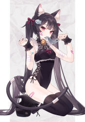 1girl absurdres animal animal_ear_fluff animal_ears bandaged_arm bandages bandaid bandaid_on_arm bell black_hair black_leotard black_nails black_shoes black_thighhighs bow breasts cat_ears cat_girl cat_tail commentary_request fish fish_skeleton_hair_ornament full_body high_heels highres holding holding_animal jingle_bell leotard long_hair medium_breasts minasenagi nail_polish neck_bell original red_bow red_eyes shoes solo tail thighhighs twintails very_long_hair wrist_cuffs