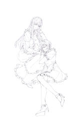 2girls absurdres apron asahina_yuni closed_eyes closed_mouth dress frills greyscale haoxiangkan_nutong high_heels highres juliet_sleeves kyou_wa_kanojo_ga_inai_kara long_hair long_sleeves looking_at_viewer maid maid_headdress monochrome multiple_girls puffy_short_sleeves puffy_sleeves shoes short_sleeves smile taki_fuuko
