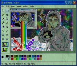 ! !! 1boy against_glass arm_up bag bags_under_eyes ben-day_dots black_gloves black_hair color_guide cry_of_fear empty_eyes english_text fingerless_gloves gloves grey_hoodie half-closed_eye highres hood hood_up hoodie looking_at_viewer male_focus mercerspillborne microsoft_paint_(software) multiple_views pointing pointing_at_viewer rainbow_gradient screentones short_hair shoulder_bag simon_henriksson solo sparkle upper_body vomiting_rainbows window_(computing)