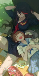 2girls absurdres bento black_hair black_skirt blinking_inside_eyes blue_neckerchief blue_sailor_collar blue_skirt breasts broccoli brown_hair checkered_blanket chopsticks closed_eyes dog food fruit gootai grass grey_hoodie guts_(kill_la_kill) highres honnoji_academy_school_uniform hood hoodie kill_la_kill mankanshoku_mako matoi_ryuuko multiple_girls neckerchief picnic pug red_neckerchief red_streaks sailor_collar saliva school_uniform senketsu serafuku short_hair skirt sleeping spoon toothpick tree watermelon watermelon_slice