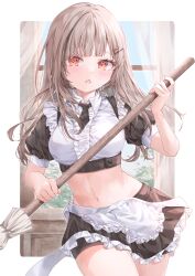Rule 34 | 1girl, absurdres, apron, bike shorts, black necktie, black shirt, black shorts, black skirt, blue sky, blunt ends, blush, border, breasts, brown hair, center frills, collared shirt, commentary request, commission, cowboy shot, crop top, cropped shirt, curtains, day, eyelashes, fang, frilled apron, frilled shirt, frilled skirt, frills, hair ornament, hair over shoulder, hairclip, highres, holding, holding mop, indoors, large breasts, linea alba, long hair, looking at viewer, maid, miniskirt, mop, multicolored shirt, navel, necktie, open window, outside border, parted lips, project nebula, puffy short sleeves, puffy sleeves, red eyes, shirt, short necktie, short sleeves, shorts, shorts under skirt, skeb commission, skirt, sky, solo, standing, stomach, suzuri ren, tsumugi-t, virtual youtuber, waist apron, white apron, white border, white shirt, wind, window, wing collar