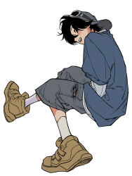 Rule 34 | 1boy, absurdres, baseball cap, black eyes, black hair, blue sleeves, brown shoes, eyewear on head, full body, grey hat, grey pants, grey sleeves, hair over one eye, hat, highres, long sleeves, looking at viewer, male focus, muryo, open mouth, original, pants, parted bangs, profile, shoes, short hair, simple background, smile, sneakers, socks, solo, teeth, torn clothes, torn pants, white background, white socks