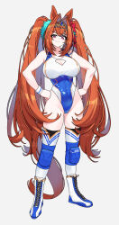 Rule 34 | 1girl, absurdres, acaa, animal ears, boots, breasts, cleavage cutout, closed mouth, clothing cutout, commission, daiwa scarlet (umamusume), full body, grey background, highleg, highleg leotard, highres, horse ears, horse girl, horse tail, lace-up boots, large breasts, leotard, long hair, looking at viewer, pixiv commission, red eyes, red hair, simple background, smile, solo, standing, tail, thighhighs, umamusume, very long hair, wrestling