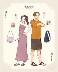 Rule 34 | 1boy, 1girl, ancient greek clothes, animification, blue eyes, brown hair, contemporary, dress, eyeshadow, greco-roman clothes, hercules (1997 movie), hercules (disney), highres, long hair, looking at viewer, makeup, meecosme, megara (disney), muscular, muscular male, ponytail, purple dress, purple eyes, purple eyeshadow, shirt, short hair, short sleeves, shorts, simple background, sleeveless, smile