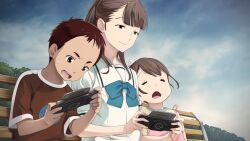 1boy 2girls =_= aged_down bad_tag blue_bow blue_skirt blue_sky blue_stripes blunt_bangs bow brown_eyes brown_hair brown_shirt chest_bow child chuo_tanegashima_high_school_uniform cropped_shirt dress drooling fukuda_tomonori game_cg handheld_game_console head_on_another&#039;s_shoulder highres holding holding_handheld_game_console leaf leaning_on_person leaning_to_the_side looking_at_object multiple_girls nervous_sweating non-web_source official_art on_bench open_mouth outdoors pinafore_dress pink_dress ponytail red_eyes red_hair robotics;notes sailor_collar school_uniform senomiya_akiho senomiya_misaki shiny_lips shirt short_hair short_sleeves siblings sisters skirt sky sleeping sleeping_on_person sleeveless sleeveless_dress smile smug sweat t-shirt teeth tongue tree upper_teeth_only very_short_hair white_sailor_collar white_shirt white_trim yashio_kaito
