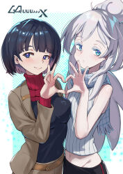 2girls black_hair blue_background blue_eyes blush border breasts brown_coat closed_mouth coat commentary_request copyright_name demonasa deux_murasame grey_hair groin gundam gundam_gquuuuuux heart heart_hands heart_hands_duo highres large_breasts long_hair mature_female medium_hair multiple_girls navel open_clothes open_coat outside_border shiiko_sugai smile standing white_border