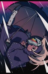 1boy blackmore blonde_hair cloak highres holding holding_umbrella jojo_no_kimyou_na_bouken male_focus mask mask_on_head ponytail rain sameyama_jiro solo umbrella
